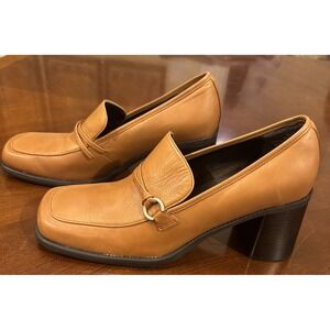 Naturalizer Brown Leather Loafers Block Heel Womens Size 9.5